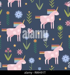 Vector seamless pattern with cute unicorn in flat style. Unicorn with rainbow mane and tail with flowers for infant design. Stock Vector