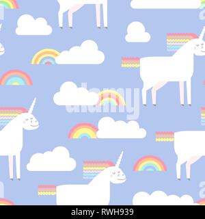 Vector seamless pattern with cute unicorn in flat style. Unicorn with rainbow mane and tail with clouds and rainbows for infant design. Stock Vector