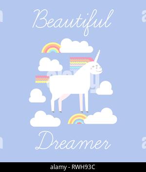Cute vector unicorn in flat style. Unicorn with rainbow mane and tail with clouds and rainbows for your design, fabric, textile, wallpaper, greeting a Stock Vector