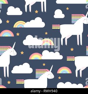 Vector seamless pattern with cute unicorn in flat style. Unicorn with rainbow mane and tail with clouds and rainbows for infant design. Stock Vector
