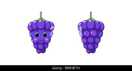 Cute Kawaii Grape, Cartoon Ripe Berries. Vector illustration of Cartoon Bunch of Dark Grapes with Kind Eyes and Smile, Funny Emoji. Juicy Fruity Stick Stock Vector