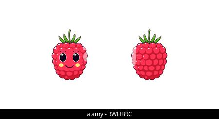 Cute Kawaii Raspberry, Cartoon Ripe Fruit. Vector illustration of Cartoon Sweet Raspberry with Kind Eyes and Smile, Funny Emoji. Juicy Berry Sticker.  Stock Vector
