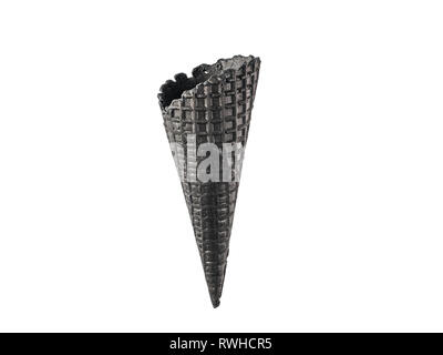 Black waffle sugar cone. Black wafer cone Isolated on white with clipping path. Stock Photo