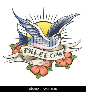 Flying Bird against sun, flowers and ribbon with wording Freedom drawn in tattoo style. Vector illustration. Stock Vector