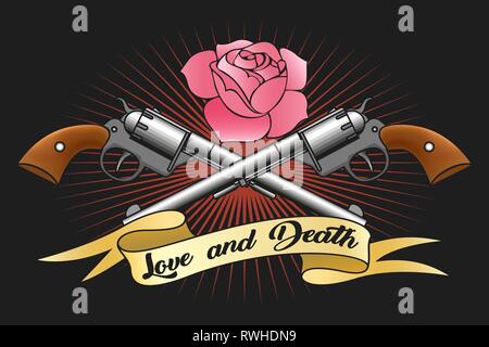 Two big old revolvers, pink rose and ribbon with lettering love and death. Vector illustration. Stock Vector
