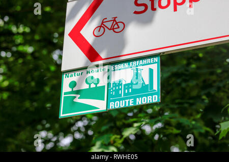 Essen, North Rhine-Westphalia, Ruhr area, Germany - The Hallopark in the north of Essen is one of the oldest green areas in Essen, here signs on cycle Stock Photo