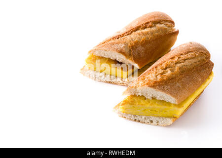 Bocadillo de tortilla española. Spanish potato omelette sandwich isolated on white background. Copyspace Stock Photo