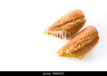 Bocadillo de tortilla española. Spanish potato omelette sandwich isolated on white background. Top view. Copyspace Stock Photo