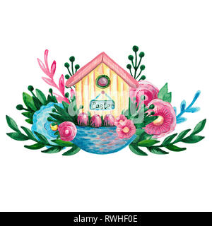 Spring Easter composition house basket branches flowers eggs on white isolated background. Festive symbolic elements Stock Photo