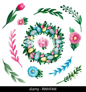 Easter set of watercolor elements. Wreath eggs flowers branches on white isolated background Stock Photo