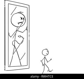 Cartoon of Happy Man Leaving His Demon or Devil in The Mirror