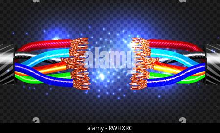 Break Electric Cable Vector. Cable Break Disconnect. 3D Realistic Isolated Illustration Stock Vector