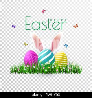 Vector Easter eggs with grass, butterfly and flowers isolated on a transparent background. Element for celebratory design. Stock Vector