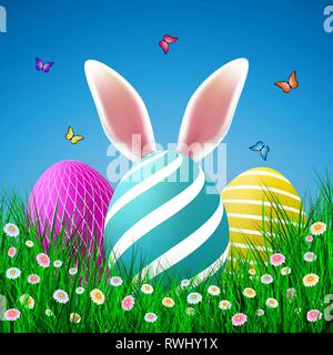 Vector Easter eggs with grass, butterfly and flowers isolated on a blue background. Element for celebratory design. Stock Vector