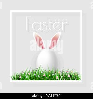 Happy Easter. Vector Easter eggs with grass, butterfly and flowers in frame, isolated on a gray background. Stock Vector