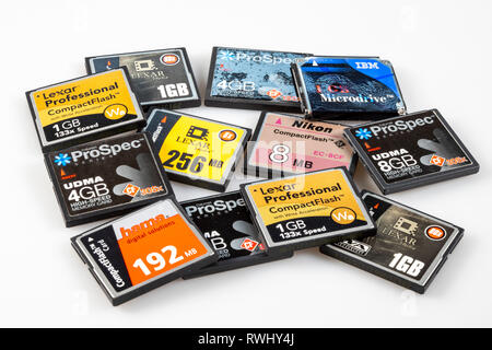 Old memory cards, for digital cameras, CompactFlash cards, low storage capacities, Stock Photo