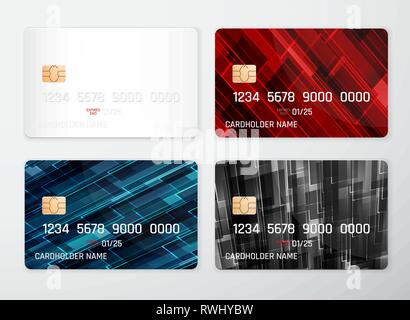 Credit card mockup. Realistic detailed credit cards set abstract design background. Front template. Money, payment symbol. Vector illustration EPS10. Stock Vector