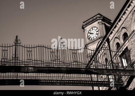 Clock Tower and Fire Escape of old Co-operative Hall, Hebden Bridge, Calderdale, West Yorkshire Stock Photo