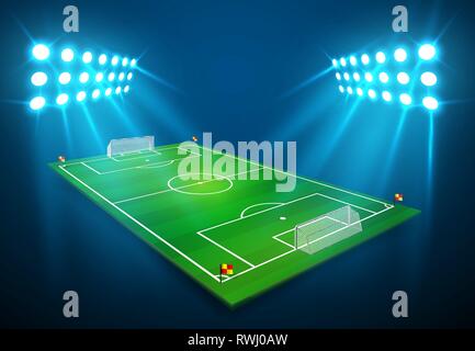 An illustration of Football soccer field with bright stadium lights shining on it. Vector EPS 10. Room for copy. Stock Vector