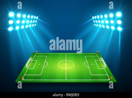 An illustration of Football soccer field with bright stadium lights shining on it. Vector EPS 10. Room for copy. Stock Vector