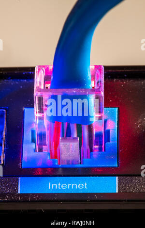 Internet connection, RJ45 plug, LAN cable, patch cable, in an Internet modem, Stock Photo