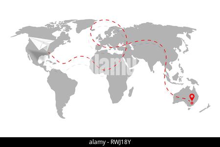 Airplane path in dashed line shape on world map. Route of paper plane with world map isolated on white background. Vector. Stock Vector