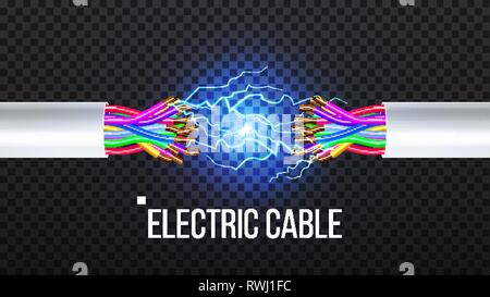 Disconnect Electric Cable Vector. Copper Wire Conductor. Communication Connection Component. 3D Realistic Isolated Illustration Stock Vector