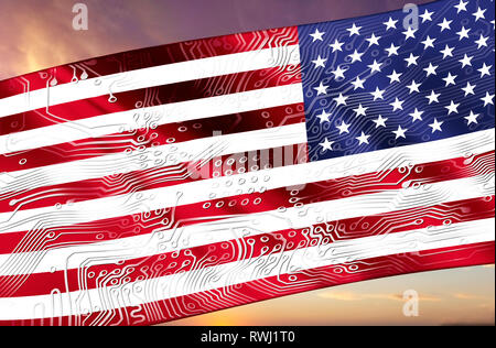 American flag with board in front of dramatic sky Stock Photo