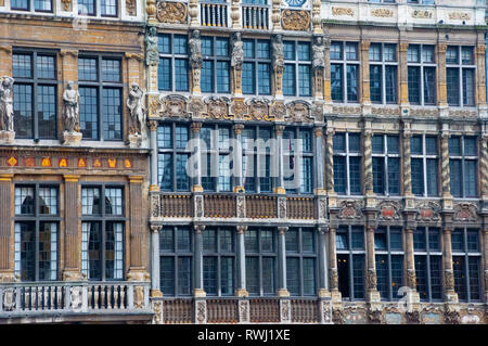 Europe, Belgium, Bruxelles, The Grand Place, La Louve facade, Le Sac facade, La Brouette facade Stock Photo