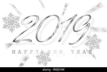 Happy New Year 2019. Silver numbers with ribbons and confetti on a white background. Vector illustration. Stock Vector