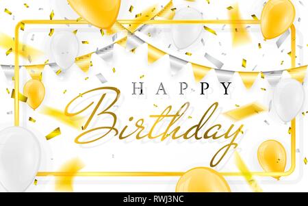 Happy birthday vector Celebration party banner Golden foil confetti and white and glitter gold balloons. Stock Vector