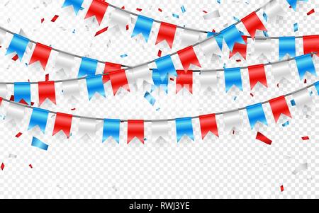 Russian flag festive bunting against. Party background with flags garland. Garlands of red white blue flags and foil confetti. Vector illustration. Stock Vector