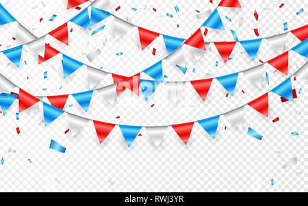 Russian flag festive bunting against. Party background with flags garland. Garlands of red white blue flags and foil confetti. Vector illustration. Stock Vector