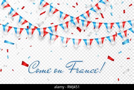 France flags garland white background with confetti, Hang bunting for France national Day celebration template banner, Vector illustration. Stock Vector