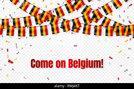 Belgium flags garland on transparent background with confetti. Hang bunting for independence Day celebration template banner, Vector illustration. Stock Vector