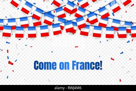 France garland flag with confetti on transparent background, Hang bunting for French celebration template banner, Vector illustration. Stock Vector