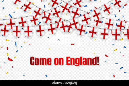 England garland flag with confetti on transparent background, Hang bunting for celebration template banner, Vector illustration. Stock Vector