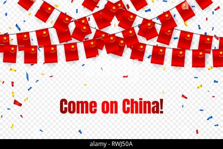 China garland flag with confetti on transparent background, Hang bunting for celebration template banner, Vector illustration. Stock Vector