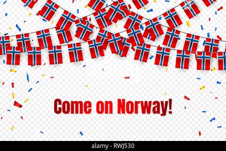 Norway garland flag with confetti on transparent background, Hang bunting for celebration template banner, Vector illustration. Stock Vector