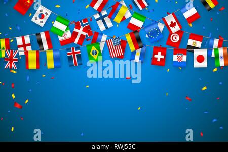 Colorful flags garland of different countries of the europe and world with confetti. Festive garlands of the international pennant. Bunting wreaths. V Stock Vector