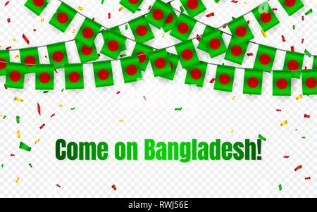 Bangladesh garland flag with confetti on transparent background, Hang bunting for celebration template banner, Vector illustration. Stock Vector