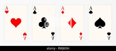 Set of four aces playing cards suits. Winning poker hand. Set of hearts, spades, clubs and diamonds ace. Stock Vector