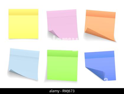 Collection of different colored sheets of note papers with curled corner and shadow, ready for your message. Realistic. Isolated on white background.  Stock Vector