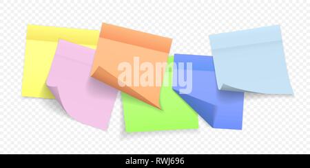 Collection of different colored sheets of note papers with curled corner and shadow, ready for your message. Realistic. Isolated on transparent backgr Stock Vector