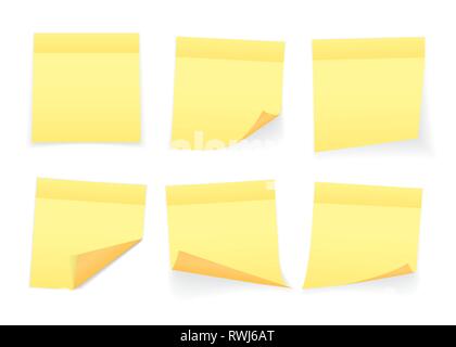 Collection of yellow colored sheets of note papers with curled corner and shadow, ready for your message. Realistic. Isolated on white background. Set Stock Vector
