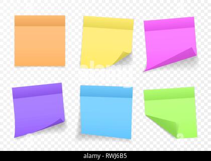 Collection of different colored sheets of note papers with curled corner and shadow, ready for your message. Realistic. Isolated on transparent backgr Stock Vector