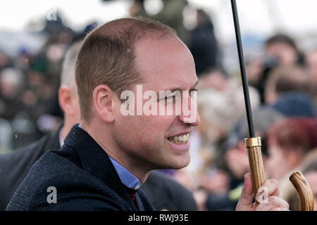 Blackpool, Lancashire, UK. 6th March. 2019. The Duke and Duchess of Cambridge - William and Kate - visit Blackpool to learn about how the resort is tackling social and mental health problems faced by people in Britain today.  The couple greeted crowds gathered on the Comedy Carpet following a visit to the resorts tower attractions. Credit: MWI/AlamyLiveNews Stock Photo