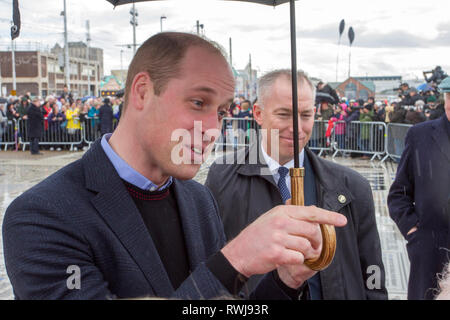 Blackpool, Lancashire, UK. 6th March. 2019. The Duke and Duchess of Cambridge - William and Kate - visit Blackpool to learn about how the resort is tackling social and mental health problems faced by people in Britain today.  The couple greeted crowds gathered on the Comedy Carpet following a visit to the resorts tower attractions. Credit: MWI/AlamyLiveNews Stock Photo