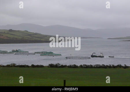 County Donegal, Ireland. 06 March 2019. Ireland weather - after heavy overnight rain, it was a day of strong winds and driving rain across County Donegal. Grey sky and rain across Mulroy Bay, County Donegal as a boat sails past nets at a coastal fish farm. Credit::David Hunter/Alamy Live News. Stock Photo