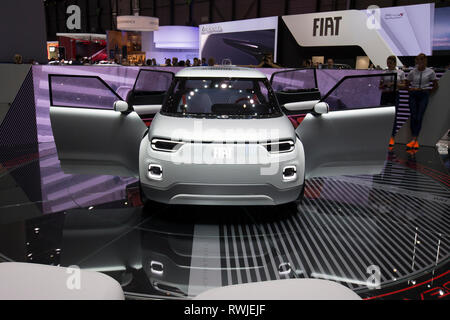 Geneva. 6th Mar, 2019. Photo taken on March 6, 2019 shows the Fiat Centoventi electric concept at the 89th Geneva International Motor Show in Geneva, Switzerland. Electric cars and hybrid cars are highlights at this year's Geneva International Motor Show, which will open to the public from March 7 to 17. Credit: Xu Jinquan/Xinhua/Alamy Live News Stock Photo